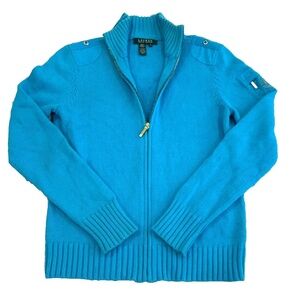 Lauren Ralph Lauren Full-Zip, Mock Neck, 100% Cotton Sweater; Blue; Size XS